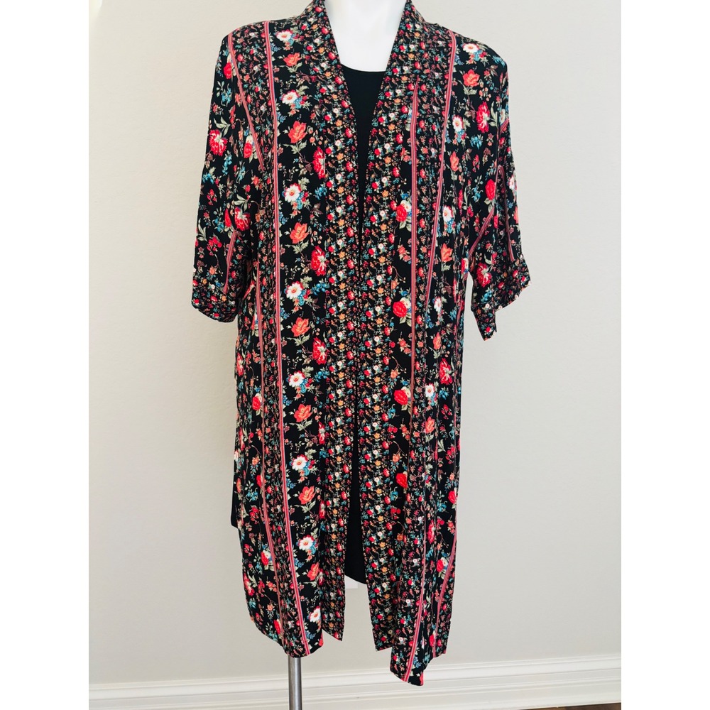 Time And Tru Floral Kimono Duster Cover Up 3/4 Sleeve Boho Chic Cottagecore